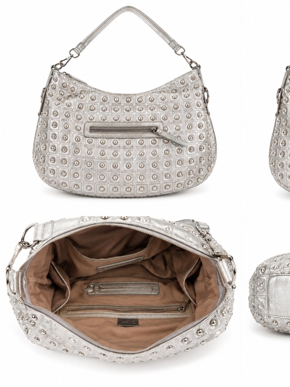 Silver Studded Metallic Shoulder Bag Y2K Hobo Purse - Picture 2 of 3